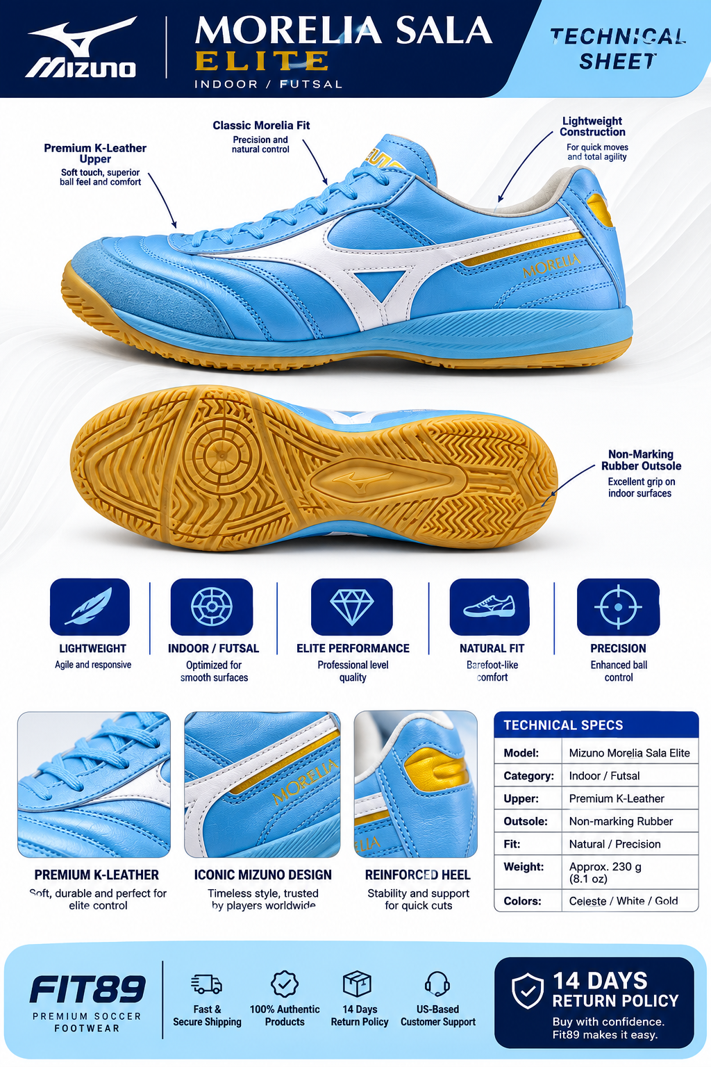 MIZUNO MORELIA SALA ELITE IN CELESTE-WHITE