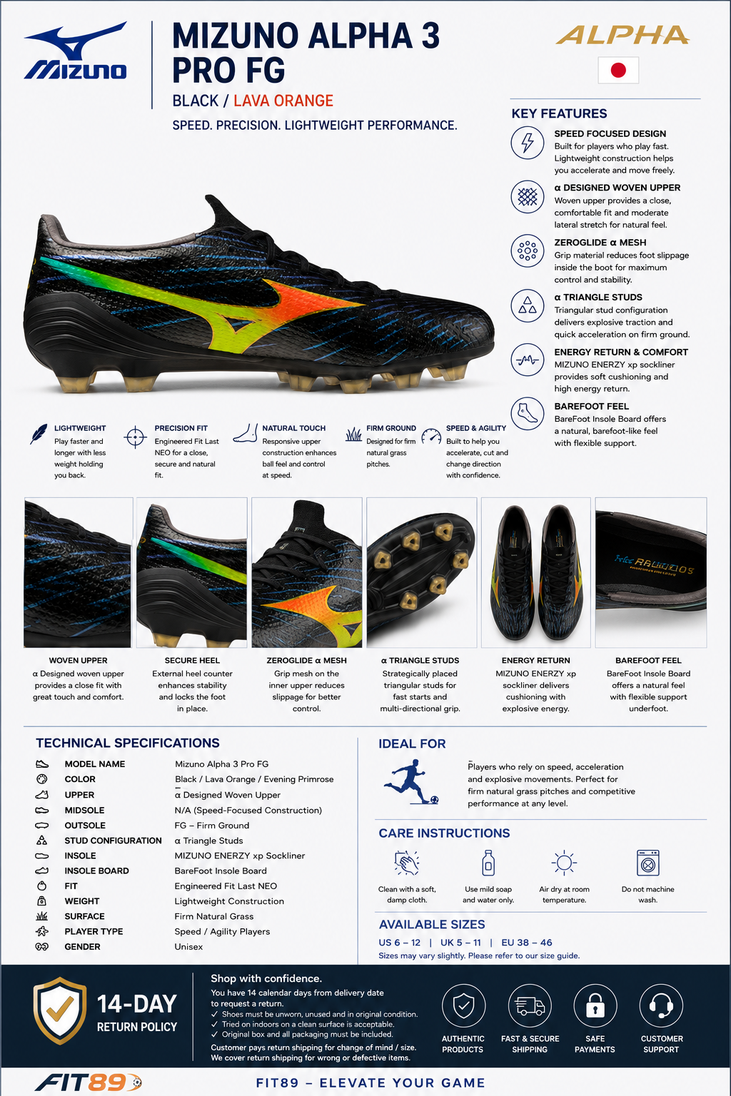 Mizuno Alpha 3 Pro FG - Black/Lava Orange