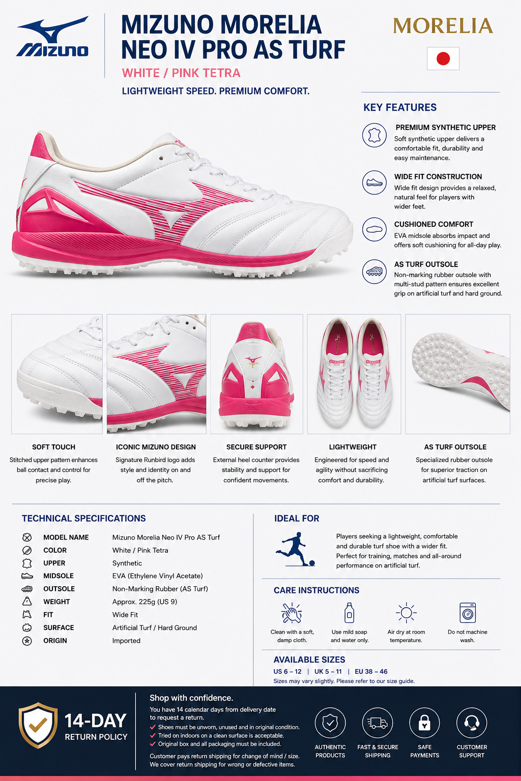 MIZUNO MORELIA NEO IV Pro AS Turf  - White/Pink Tetra
