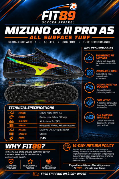MIZUNO ALPHA 3 PRO ALL SURFACE TURF SOCCER SHOES (Black-Lava Orange)