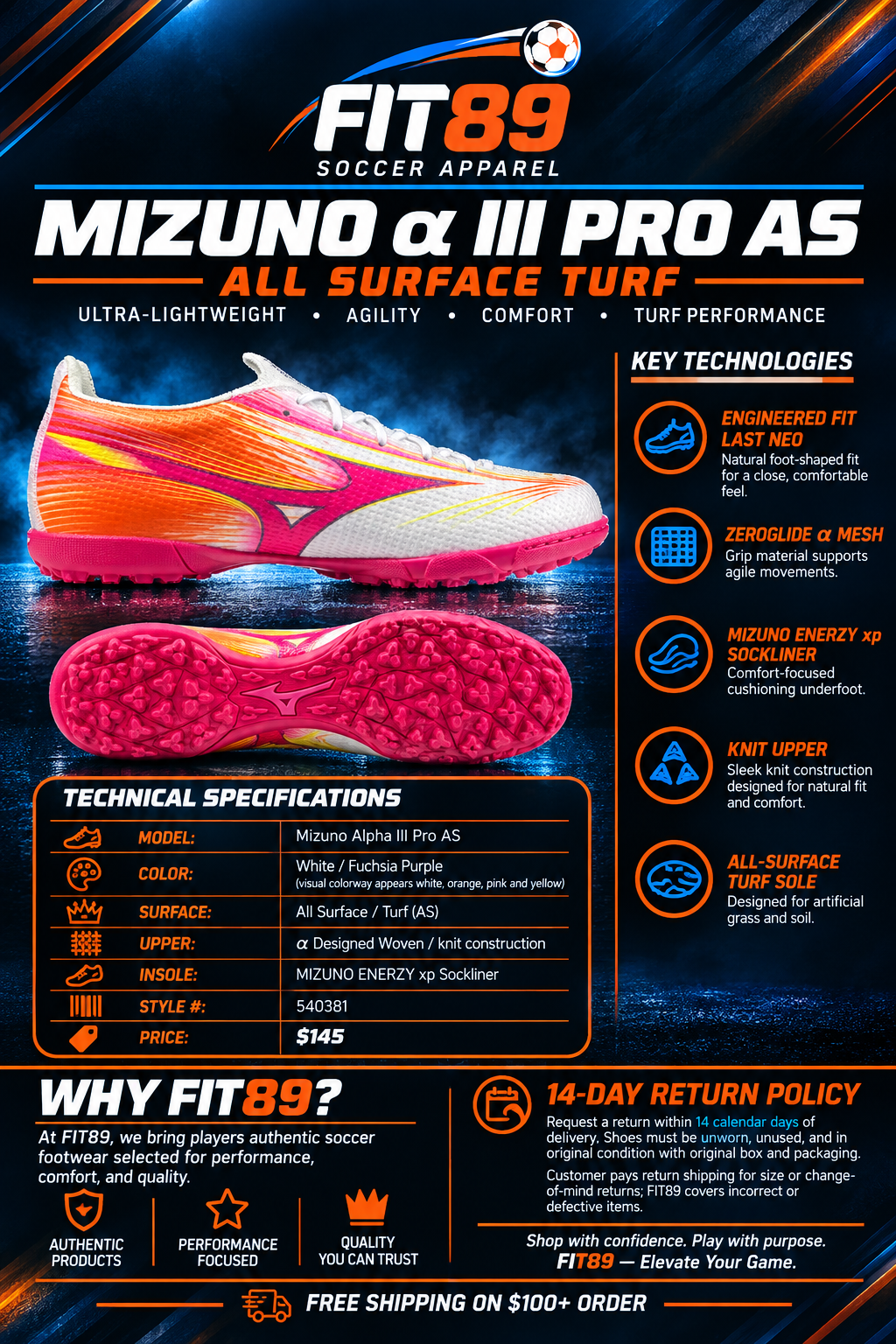 MIZUNO ALPHA 3 PRO ALL SURFACE TURF SOCCER SHOES (White - Fuchsia - Purple)