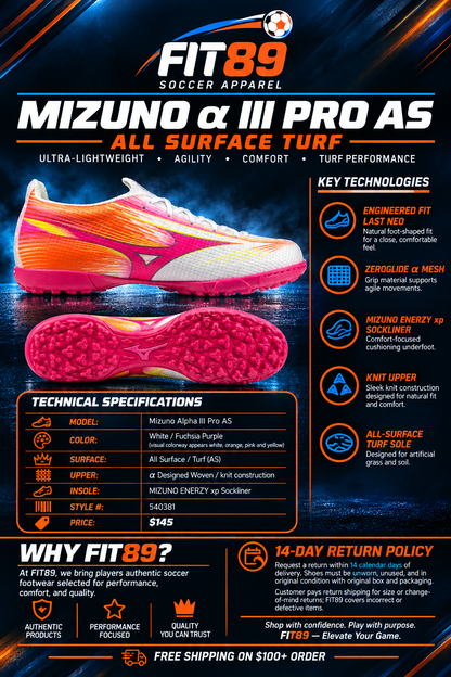 MIZUNO ALPHA 3 PRO ALL SURFACE TURF SOCCER SHOES (White - Fuchsia - Purple)