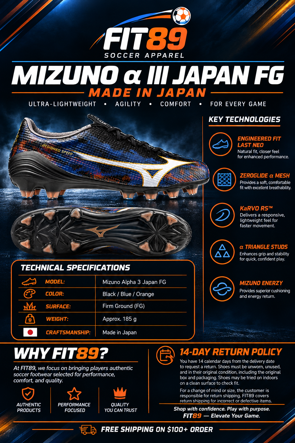 MIZUNO ALPHA 3 JAPAN MADE IN JAPAN FM SOCCER CLEATS (Black/Ancient Water)
