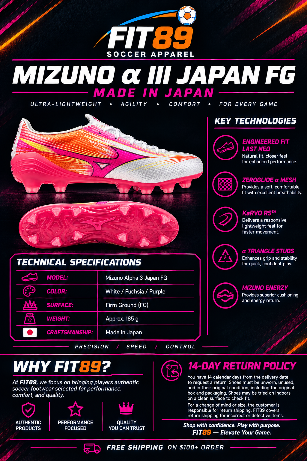MIZUNO ALPHA 3 JAPAN MADE IN JAPAN FG SOCCER CLEAT (WHITE - FUCHSIA-PURPLE)