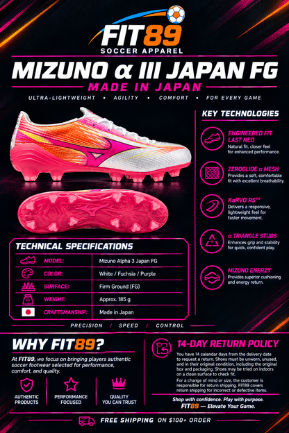 MIZUNO ALPHA 3 JAPAN MADE IN JAPAN FG SOCCER CLEAT (WHITE - FUCHSIA-PURPLE)